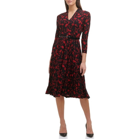 TOMMY HILFIGER Black & Red Pleated Floral Midi Dress - Picture 1 of 11